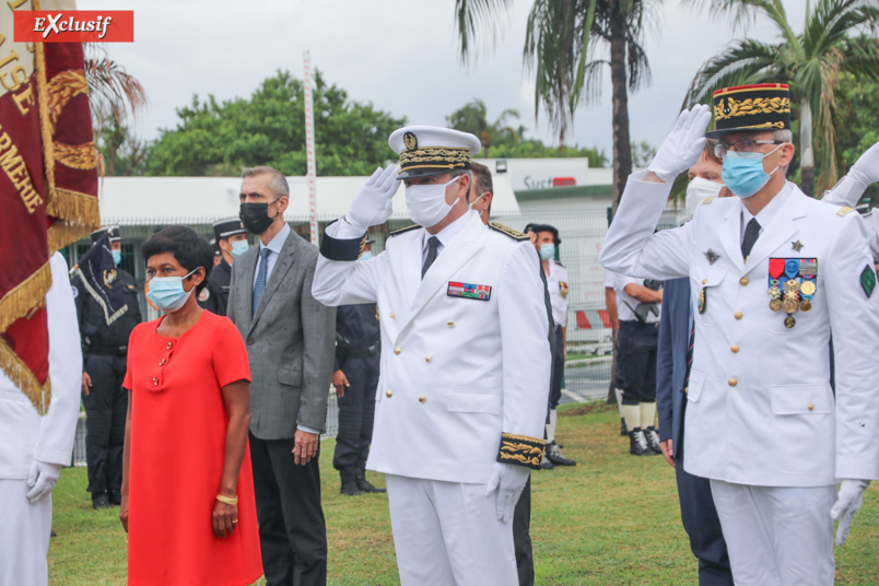 Ericka Bareigts, maire de Saint-Denis,  le Préfet Jacques Billant, et le général Pierre Poty, commandant de la Gendarmerie Réunion