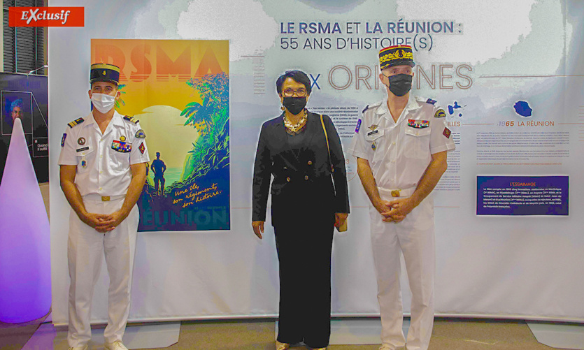 Colonel Julien Maurel, chef de corps du RSMA Réunion, Béatrice Sigismeau, vice-présidente du Département, et général Thierry Laval, commandant du SMA