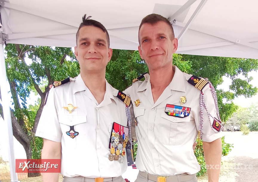 Le colonel Vincent Lehmuller, chef de corps du 2e RPIMa, et le colonel Fabien Striffling parti pour la métropole