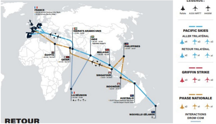 La carte de la mission Pégase 24 qui est sur le retour, avec escale à La Réunion  (illustration Ministère des Armées)