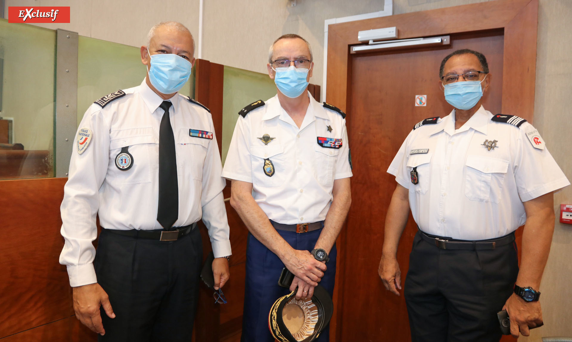 Jean-François Lebon, directeur départemental de la sécurité publique, général Pierre Poty, commandant la Gendarmerie Nationale à La Réunion, et colonel Dominique Fontaine, commandant du SDIS