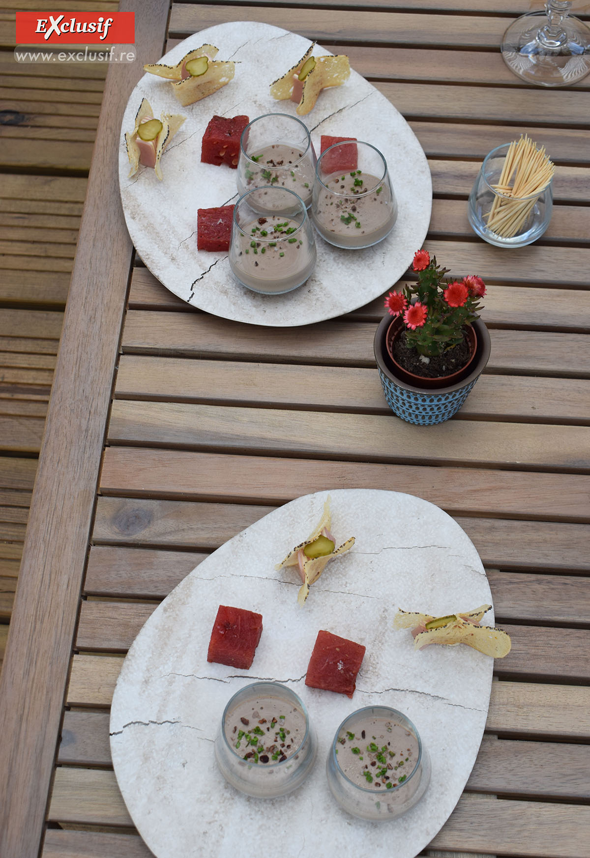 Au programme de la dégustation, sans entrer dans les détails: pastèque compressée, panacotta au foie de volaille et jambon cru