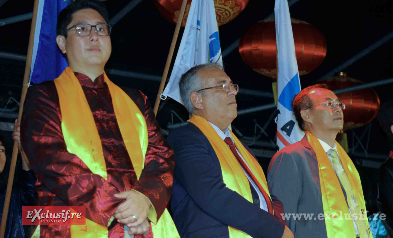 Nicolas Chan-Liat, président de l'association Guandi, Gilles Hubert, vice-président du Département, et Wang Xiangyang,  consul général de Chine