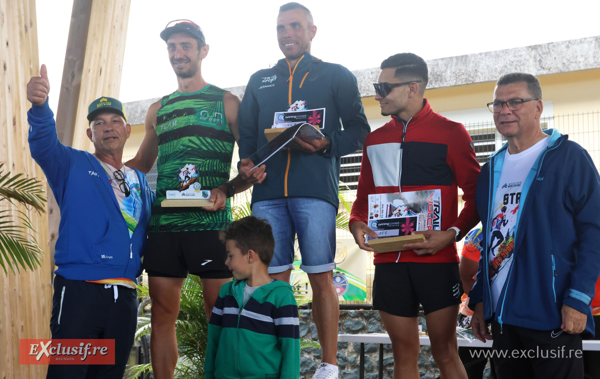 Le podium majeur du Trail des Sources : Jeannick Boyer, Mathieu Desserprit et Théo Robert