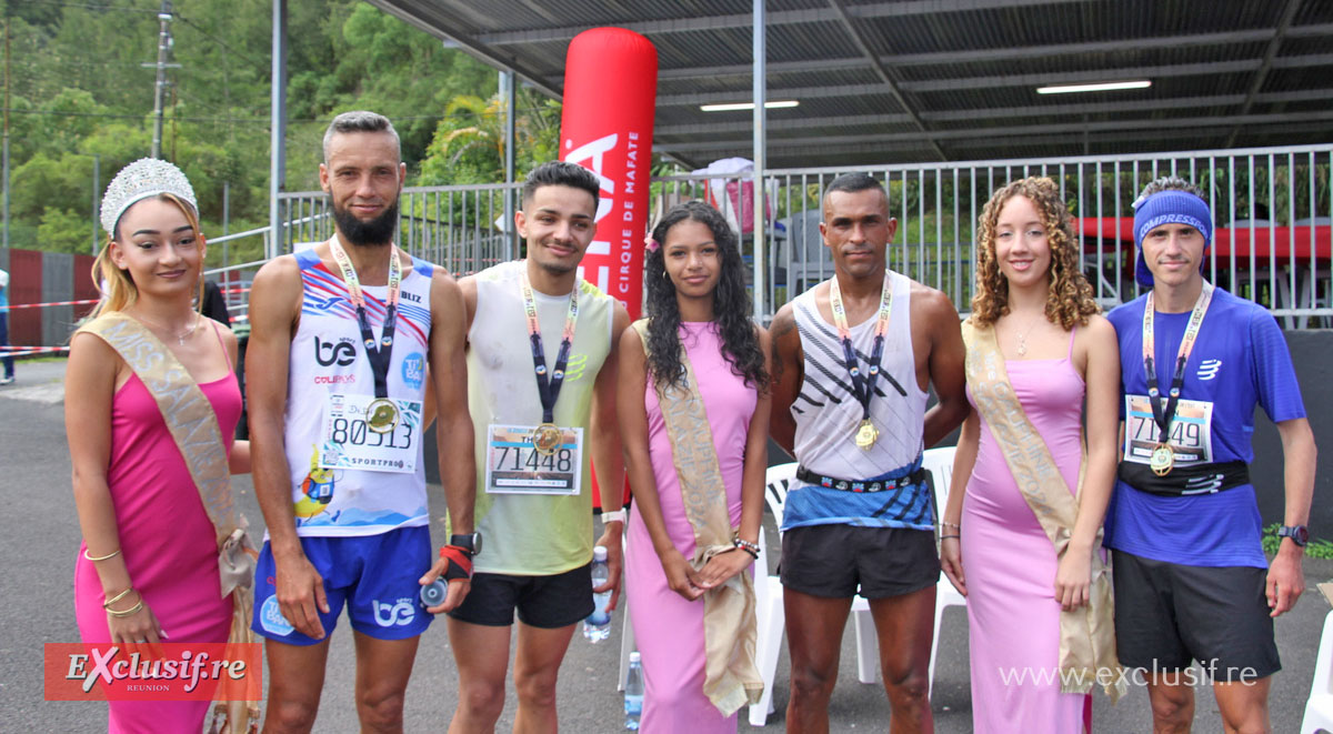 Laly Maillot, Miss Salazie 2024, et ses dauphines Léa Nourry et Auxane Charlemagne, avec les vainqueurs du jour