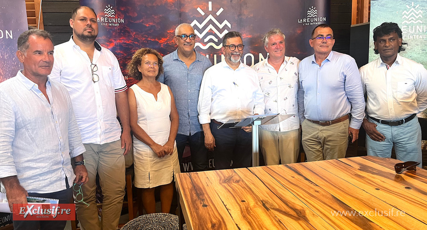 La photo de famille: Yvan Mainix (Wood Hôtel & Spa), Florian Hoarau, président local de Gîtes de France, Marie-Claude Law-Yat (IRT), Azzedine Bouali (FRT), Patrick Lebreton (IRT), Christian Wolff (Wood Hôtel & Spa), Patrick Serveaux (IRT, et Régis Ramsamy (CCIR)