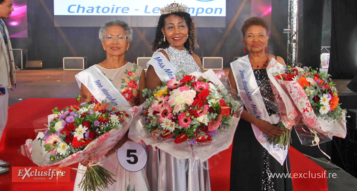 Georgette Hubert, 1ère dauphine, Amina Castel, Miss Mamie Réunion 2025, et Claudette Hamon, 2ème dauphine