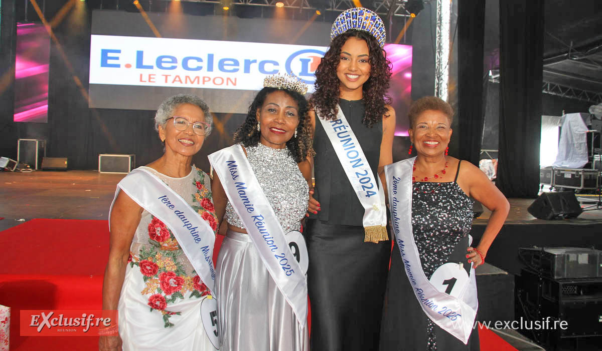 Marine Futol, Miss Réunion 2024, avec les lauréates Georgette Hubert, 1ère dauphine, Amina Castel, Miss Mamie Réunion 2025, et Claudette Hamon, 2ème dauphine